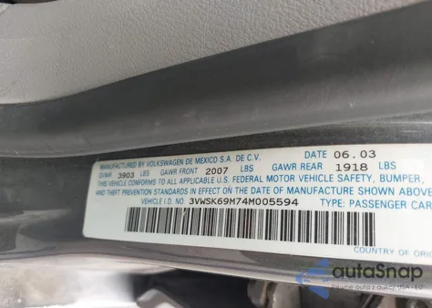 2004 Volkswagen Jetta Gls z USA, uszkodzony, nr VIN 3VWSK69M74M005594